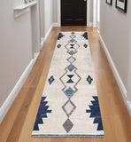 8' Blue And Ivory Southwestern Runner Rug