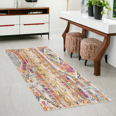8' Gold And Ivory Southwestern Runner Rug