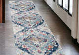 10' Blue And Ivory Medallion Runner Rug