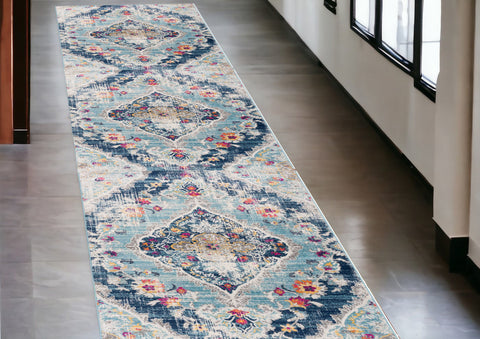 10' Blue And Ivory Medallion Runner Rug