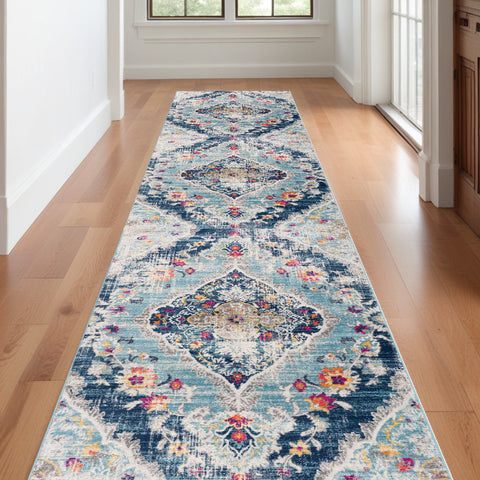 13' Blue and Ivory Medallion Distressed Runner Rug