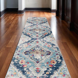 13' Blue and Ivory Medallion Distressed Runner Rug