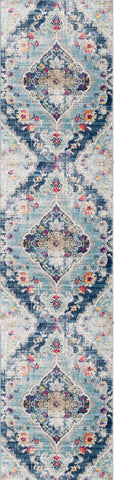 20' Blue And Ivory Medallion Runner Rug