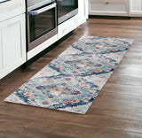8' Blue And Ivory Medallion Runner Rug