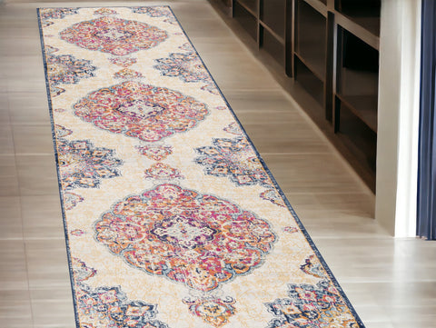 13' Blue And Beige Medallion Runner Rug