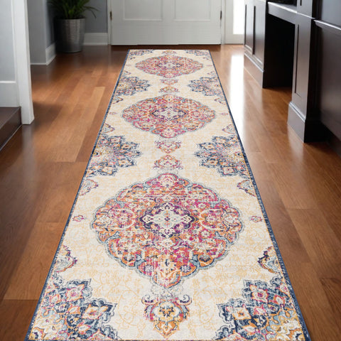 15' Blue And Beige Medallion Runner Rug