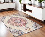 4' X 6' Blue and Beige Medallion Area Rug