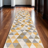 13' Yellow And Ivory Geometric Runner Rug