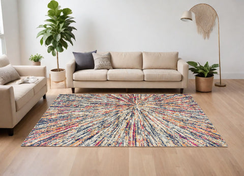 7' X 10' Cream Celestial Burst Abstract Area Rug