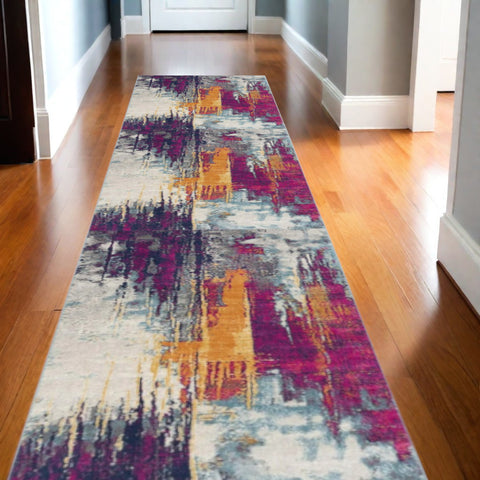 13' Gray Ivory And Magenta Abstract Runner Rug