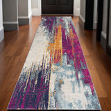 15' Gray Ivory And Magenta Abstract Runner Rug