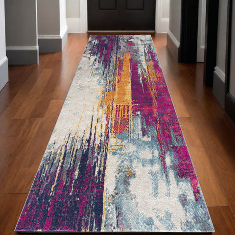 15' Gray Ivory And Magenta Abstract Runner Rug