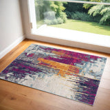 2' X 5' Gray Ivory And Magenta Abstract Area Rug