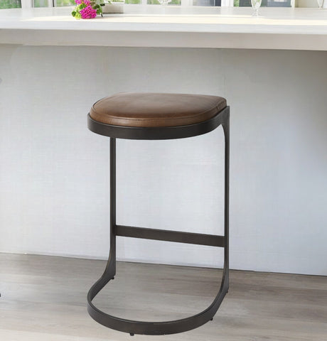 29" Black Leather and Metal Backless Bar Chair