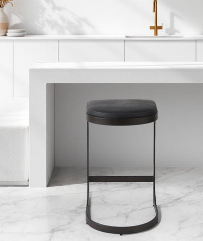 29" Black Faux Leather and Metal Backless Bar Chair
