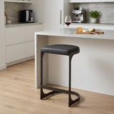 29" Black Faux Leather And Genuine Leather And Metal Backless Counter Height Bar Chair