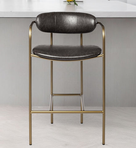 29" Brown and Gold Leather and Metal Low Back Bar Chair