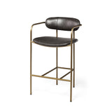 29" Brown and Gold Leather and Metal Low Back Bar Chair