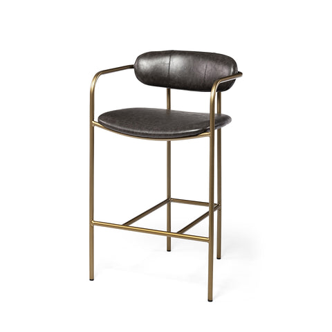 29" Brown and Gold Leather and Metal Low Back Bar Chair