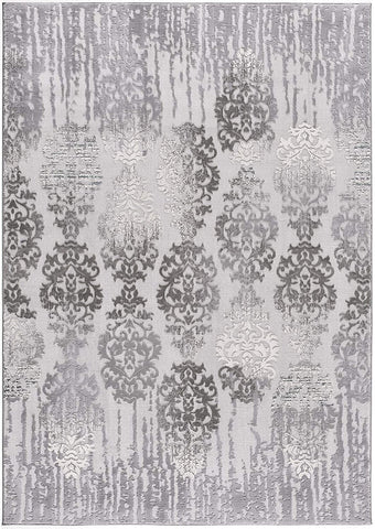 5' X 7' Gray And Ivory Damask Area Rug