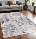 5' X 7' Gray And Ivory Damask Shag Area Rug