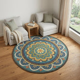 6' Blue Round Wool Geometric Hand Tufted Area Rug