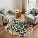6' Ivory Round Wool Geometric Hand Tufted Area Rug