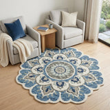 6' Ivory Teal Blue and Green Wool Hand Tufted Round Rug
