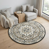6' Gray and Ivory Round Wool Floral Handmade Area Rug