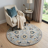 3' Beige And Blue Wool Floral Hand Woven Round Rug