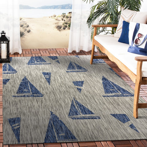5' X 7' Gray And Blue Sailboat Indoor Outdoor Area Rug
