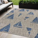 5' X 7' Gray And Blue Sailboat Indoor Outdoor Area Rug