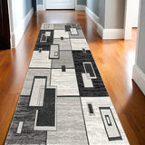 20' Gray And Black Geometric Distressed Runner Rug