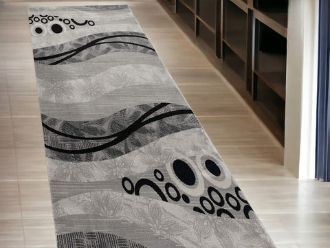 13' Gray And Black Abstract Shag Runner Rug