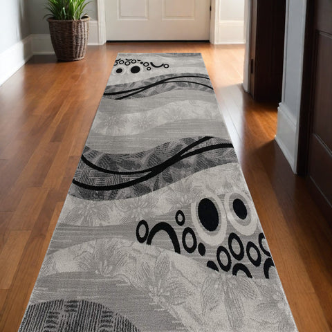 15' Gray Abstract Power Loom Runner Rug
