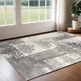 3' X 5' Gray And Ivory Damask Distressed Area Rug