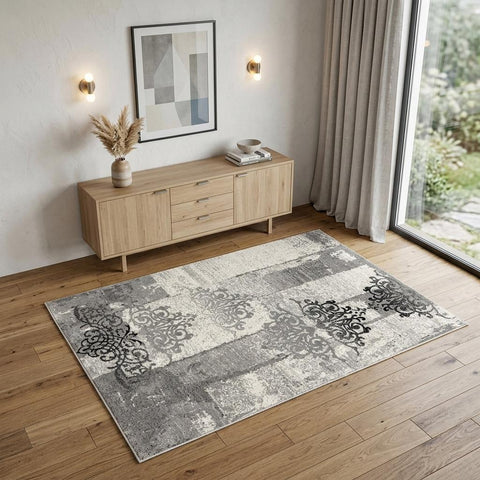 4' X 6' Gray And Ivory Damask Distressed Area Rug