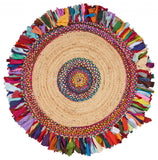 6' Blue Natural And Red Jute Abstract Geometric Hand Woven Round Rug