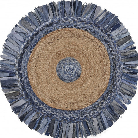 4' Blue And Beige Hand Woven Round Rug