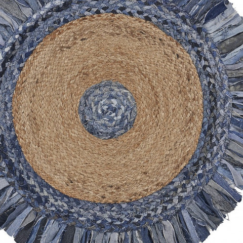 6' Beige And Blue Abstract Geometric Hand Woven Round Rug
