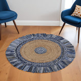 6' Beige And Blue Abstract Geometric Hand Woven Round Rug