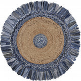 6' Beige And Blue Abstract Geometric Hand Woven Round Rug