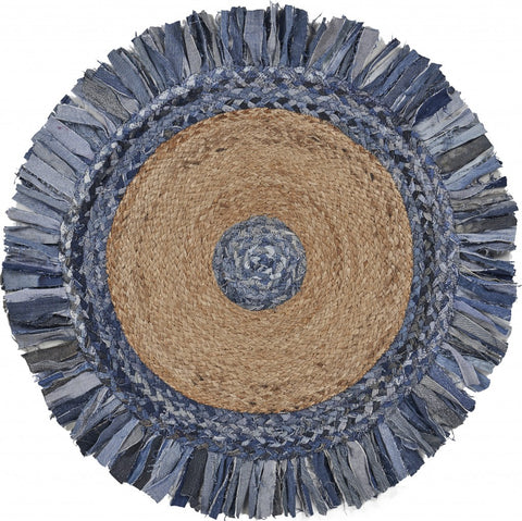 6' Beige And Blue Abstract Geometric Hand Woven Round Rug