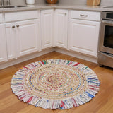 4' Blue And White Abstract Geometric Hand Woven Round Rug