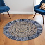 6' Beige And Blue Abstract Geometric Hand Woven Round Rug