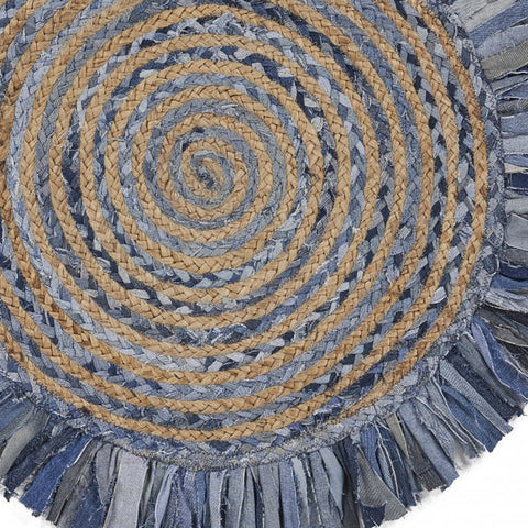6' Beige And Blue Abstract Geometric Hand Woven Round Rug