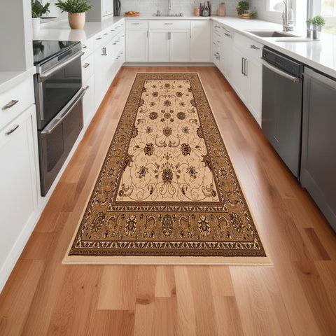 15' Beige And Ivory Oriental Runner Rug
