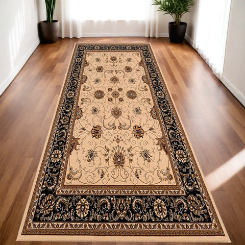 10' Black And Ivory Oriental Runner Rug