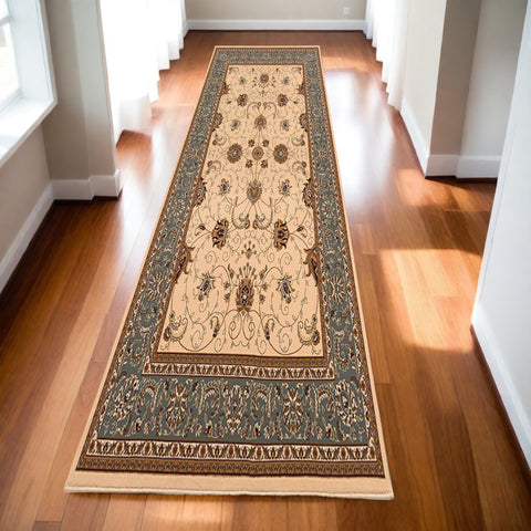 13' Blue And Ivory Oriental Runner Rug