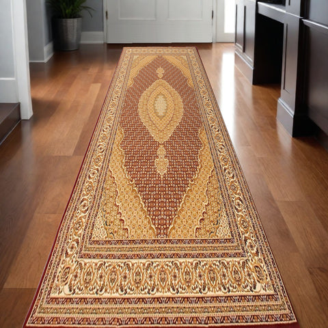 13' Red And Beige Oriental Runner Rug